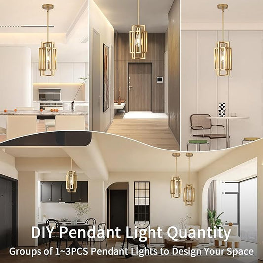 Farmhouse Pendant Light Fixtures, Gold Modern Pendant Lights 59'' Adjustable Small Square Pendant Ceiling Hanging Light for Kitchen Island Dining Room Entryway