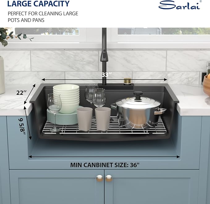 Sarlai Waterfall Kitchen Sink - 33 Inch Drop In Granite Composite Sink 33x22 Inch Topmount Workstation Sink Matte Black Kitchen Sinks Quartz Single Bowl Multifunction Sinks with Waterfall