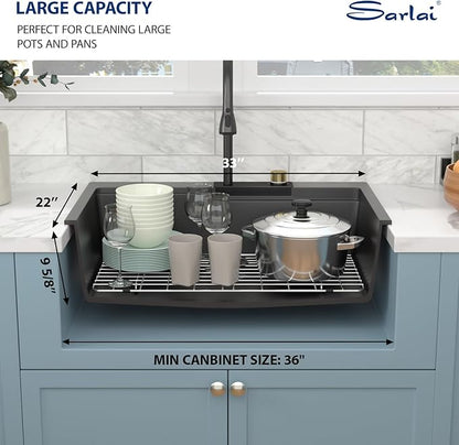 Sarlai Waterfall Kitchen Sink - 33 Inch Drop In Granite Composite Sink 33x22 Inch Topmount Workstation Sink Matte Black Kitchen Sinks Quartz Single Bowl Multifunction Sinks with Waterfall