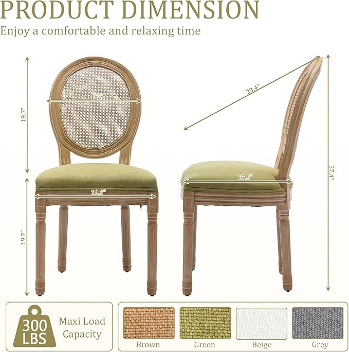 Linen Wooden Dining Chair Set of 4, Upholstered Farmhouse Dining Chair with Solid Wood Frame, Kitchen & Dining Room Chairs for Living Room, Restaurant, Bedroom (Green-Rattan, Set of 4)