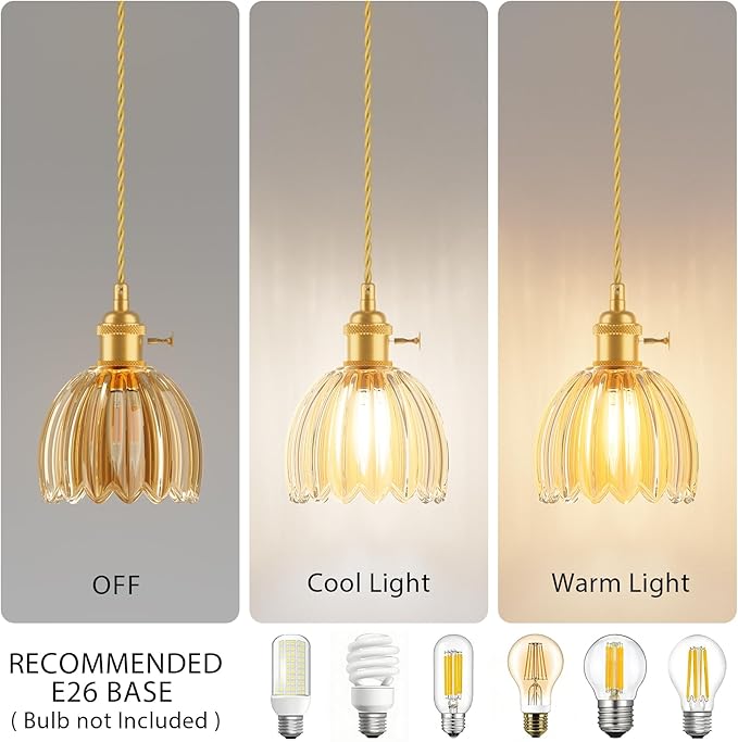 Ralbay 3 Pack Pendant Lights with Amber Tulip Glass Lampshade, Mini Pendant Light Fixture with Switch, Adjustable Vintage Brass Hanging Light for Kitchen Island Bedroom Dining Room Hallway