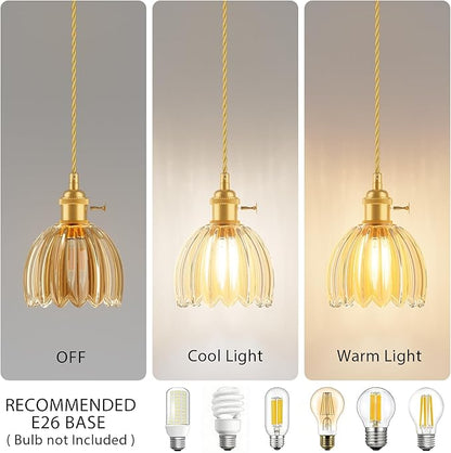 Ralbay 3 Pack Pendant Lights with Amber Tulip Glass Lampshade, Mini Pendant Light Fixture with Switch, Adjustable Vintage Brass Hanging Light for Kitchen Island Bedroom Dining Room Hallway