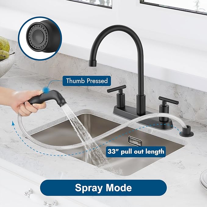 Kitchen Faucets, High Arc 360°Rotating Spout Kitchen Sink Faucet, 2 Handle 8 Inch Centerset RV Kitchen Faucet with Supply Lines, 3 or 4 Hole Kitchen Faucet with Side Sprayer, Matte Black