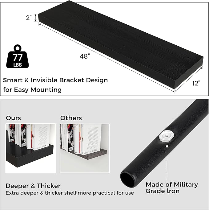 Venusmiles Floating Shelves for Wall, 48 Inch Wide x 12 Inch Deep Floating Shelves, Long Wood Floating Wall Shelf Shelves for Living Room Bathroom Bedroom Kitchen Home - (Black, 48" W x 12" D x 2" H)