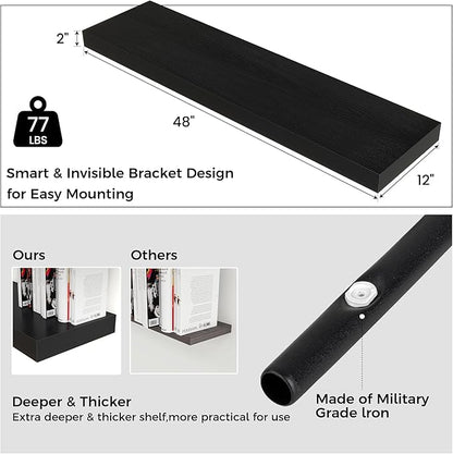 Venusmiles Floating Shelves for Wall, 48" W x 12" D x 2" H, 2 Pack of Long Wall Mounted Engineered Wood Shelves with Invisible Brackets for Living Room, Bedroom, Bathroom, Kitchen Decor, Black