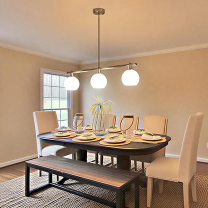 Modern Kitchen Island Lighting 3 Light Brushed Nickel Chandelier With Milk Glass Shades Farmhouse Linear Chandeliers for Dining Room Light Fixtures Over Table Hanging Pendant Lights for Living Room