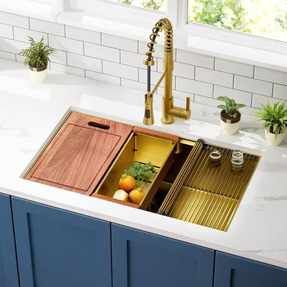 30 inch Gold Stainless Steel Undermount Kitchen Sink - CELAENO 30x18x10 Handmade 16 Gauge Single Bowl Workstation Sink, 10 Inch Deep Kitchen Sink is Equipped with Various Accessories