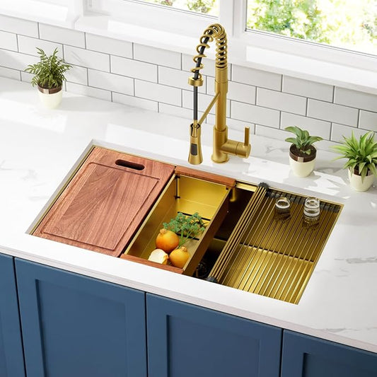 30 inch Gold Stainless Steel Undermount Kitchen Sink - CELAENO 30x18x10 Handmade 16 Gauge Single Bowl Workstation Sink, 10 Inch Deep Kitchen Sink is Equipped with Various Accessories