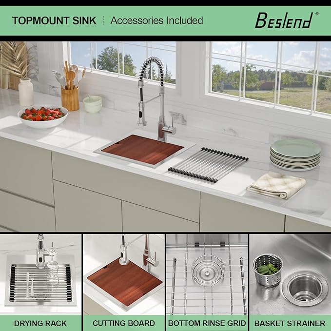 15 Inch Drop In Kitchen Sink - Beslend ADA 6 Inch Depth 15x15 Drop In Worksation Sink Topmount Stainless Steel 16 Gauge Mobility Friendly Sinks for Wheelchair Accessible Kitchen
