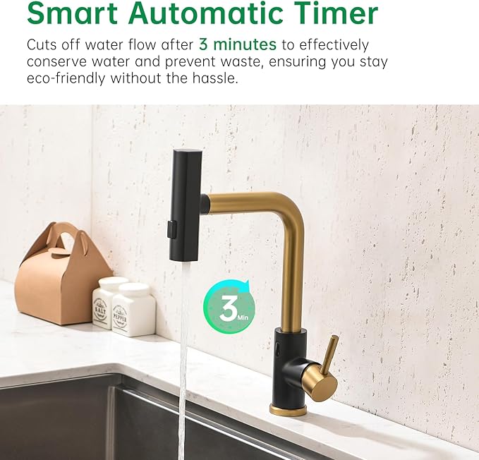 CENOSA Touchless Kitchen Faucet Motion Sensor Hands Free Single Handle Kitchen Sink Faucet with Pull Down Sprayer Black and Gold