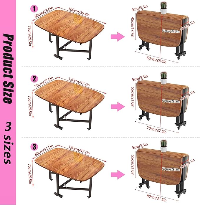 Multifunction Movable Folding Wood Kitchen Dining Table, 39in/47in Multifunction Expandable Folding Table for Small Spaces Kitchen, Bedroom, Living Room, Carbon Steel Pipe Bracket, Brown, White, black