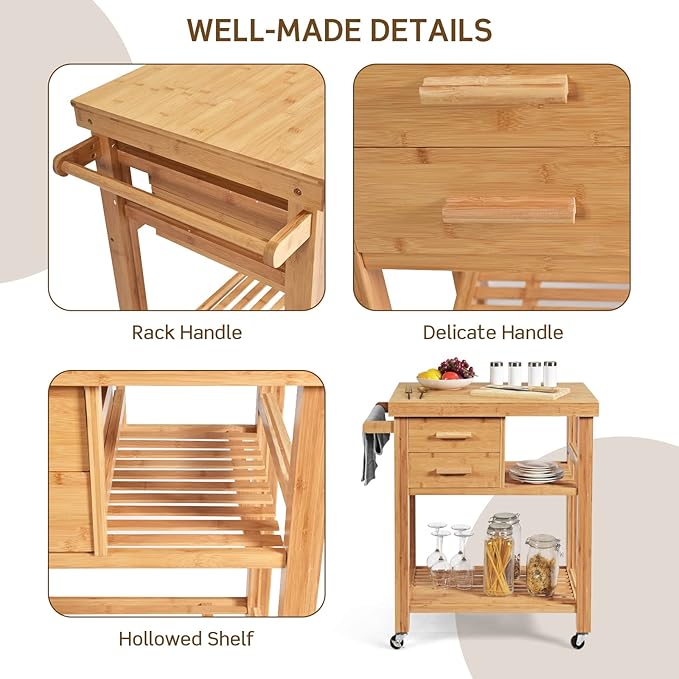 HAPPYGRILL Kitchen Island with Storage, Rolling Kitchen Cart with Shelves and Drawers, Multi-Purpose Bamboo Utility Cart Serving Cart on Lockable Wheels with Towel Rack