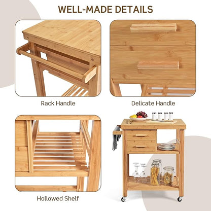 HAPPYGRILL Kitchen Island with Storage, Rolling Kitchen Cart with Shelves and Drawers, Multi-Purpose Bamboo Utility Cart Serving Cart on Lockable Wheels with Towel Rack