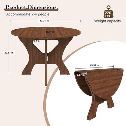 GDFStudio 43" Folding Dining Table for Small Spaces, Round Wood Kitchen Table with Walnut Veneer, Space-Saving Foldable Table for Indoor & Outdoor Use, French Country & Beach Style
