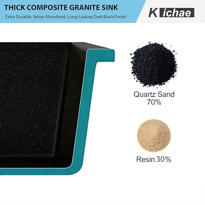 Kichae 33 Granite Composite Kitchen Sink - 33"x19" Granite Kitchen Sink Ledge Workstation Undermount Black Quartz 10" Deep Under Counter Single Bowl Sink Basin