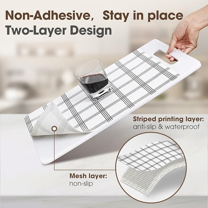 Drawer and Shelf Liner, Non-Slip Kitchen Cabinet Liners Non-Adhesive Thick Strong Grip Waterproof Washable Mats Protect Dresser Shelves Cupboard Bathroom Cabinets, White Stripes, 18IN X 30FT