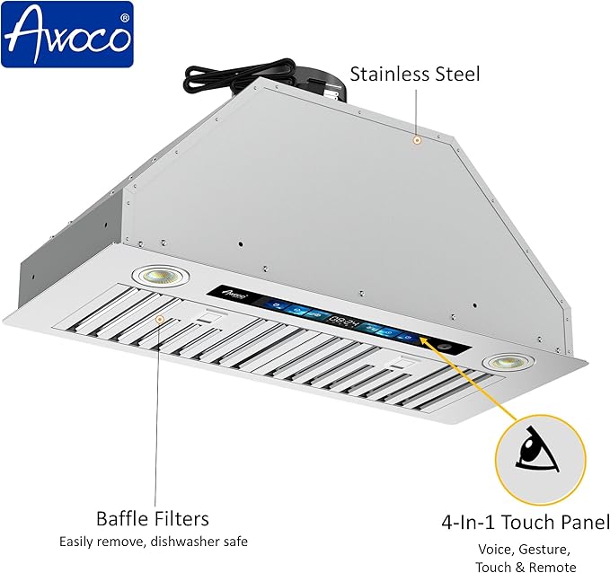 Awoco Range Hood Insert 36 Inch, Built-in Kitchen Hood with 800 CFM, Smart Voice/Gesture/Touch Control, Stainless Steel Stove Hood with Ducted/Ductless Convertible, Charcoal Filter.