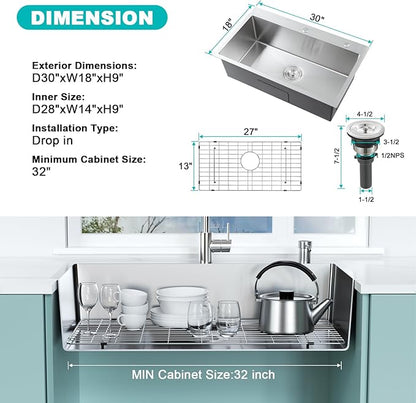 30x18 Inch Drop in Kitchen Sink Brushed, 304 Stainless Steel Single Bowl with Dual Faucet Holes & Bottom Grid Mat, 9" Deep Large Sink for Spacious Kitchen, Commercial Prep, Laundry, Wet Bar