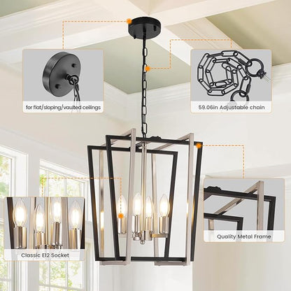 WJShome 4-Light Modern Chandelier, Farmhouse Dining Room Light Fixture Hanging Pendant Lights Kitchen Island, Black and Silver Lantern Pendant Light, Adjustable Height Entryway Chandeliers