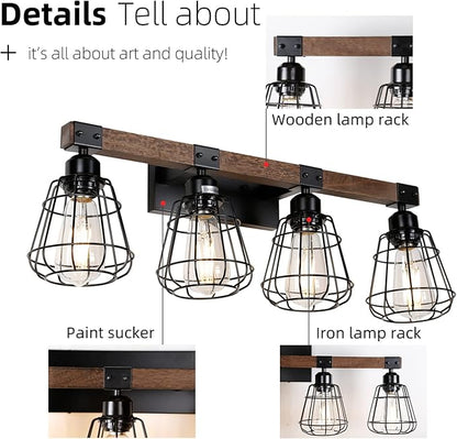 Bathroom Vanity Light Fixture,Rustic 4-Light Wood Wall Light,Industrial Bathroom Lighting Fixture Over Mirror,Modern Matte Black Metal Cage Wall Sconce for Hallway,Kitchen,Bedroom