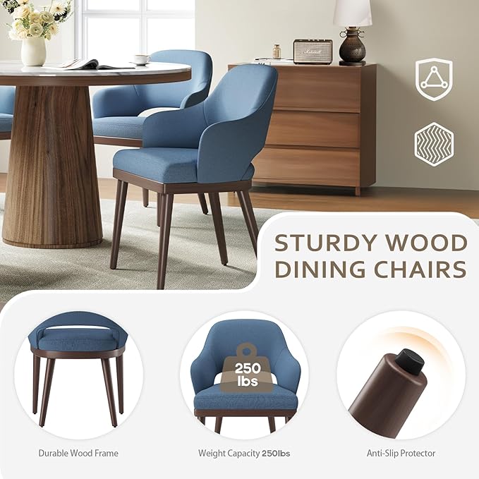 MALOL Wooden Dining Chairs Set of 2, Modern Fabric Upholstered Dining Room Chair, Kitchen Side Chairs, Farmhouse Dinner Chair with Open Back for Kitchen, Blue