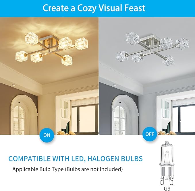 XINGQI Brushed Nickel Ceiling Light Fixture 6-Light Modern Sputnik Chandelier Semi Flush Mount Ceiling Lights for Bedroom Dining Room Living Room Entryway