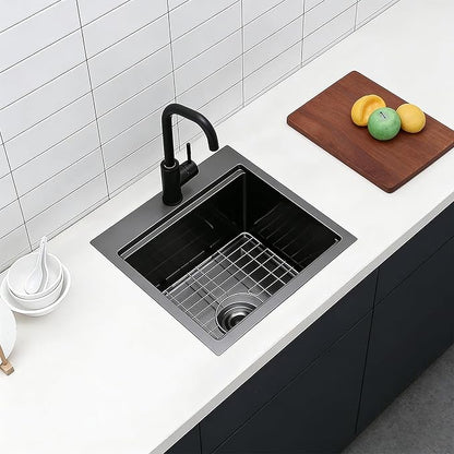 IKEBANA 18x18 Inch Black Bar Sink drop in, 9 Inch Deep 16 Gauge Stainless Steel Topmount Black Small Kitchen Sink, Single Bowl Wet Bar Outdoor RV Prep Sinks With Dish Grid & Drain