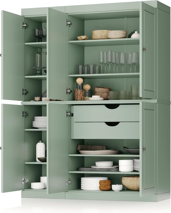 Palace Imports Solid Wood Kitchen Pantry Cabinet - 71.5" Tall x 48.5" Wide - Freestanding Storage Pantry w/ 2-Drawer Kit & Adjustable Shelves - Sage, Renewable Eco-Friendly 100% Wood, Made in Brazil