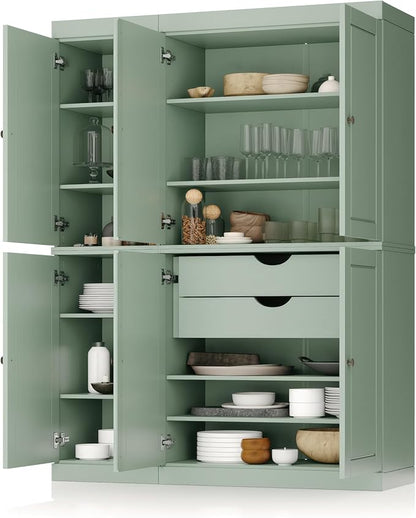 Palace Imports Solid Wood Kitchen Pantry Cabinet - 71.5" Tall x 48.5" Wide - Freestanding Storage Pantry w/ 2-Drawer Kit & Adjustable Shelves - Sage, Renewable Eco-Friendly 100% Wood, Made in Brazil