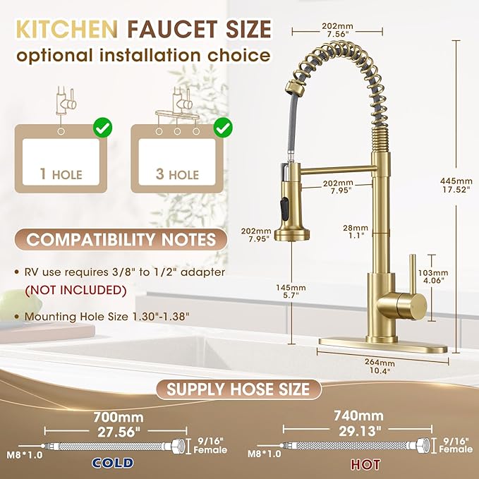 Kitchen Faucet with Pull Down Sprayer, Brushed Gold High Arc Single Handle Spring Pull Out Stainless Steel Faucet for Kitchen Sink, 2 Mode Utility Ideal for Laundry Camper Bar RV Room