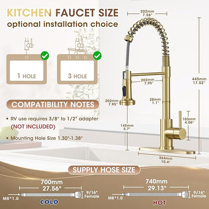Kitchen Faucet with Pull Down Sprayer, Brushed Gold High Arc Single Handle Spring Pull Out Stainless Steel Faucet for Kitchen Sink, 2 Mode Utility Ideal for Laundry Camper Bar RV Room
