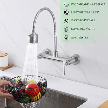 Wall Mount Faucet with Sprayer 8 Inch Center, Kitchen Sink Faucet with Dual Handle, Stainless Steel Constructed Sink Mixer Tap, Laundry Utility Faucets