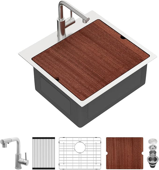 Sarlai Outdoor Kitchen Sink - 21 Inch Drop Bar RV Sink with Pull-out Faucet Drop In Workstation 21 x 20 Topmount Stainless Steel 16 Gauge Single Bowl Bar Prep Outdoor Sinks Basin