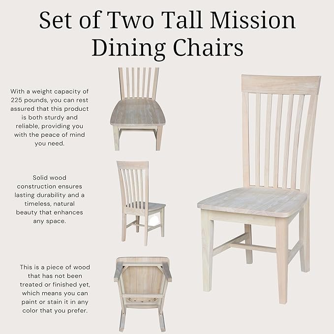 Set of 2 Tall Mission Dining Chairs Solid Parawood, Upgrade Your Dining Experience, Stain or Paint in Any Color, Sturdy and Long-Lasting, 18.1"W x 22.05"D x 40.16"H, Unfinished