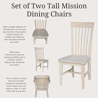 Set of 2 Tall Mission Dining Chairs Solid Parawood, Upgrade Your Dining Experience, Stain or Paint in Any Color, Sturdy and Long-Lasting, 18.1"W x 22.05"D x 40.16"H, Unfinished