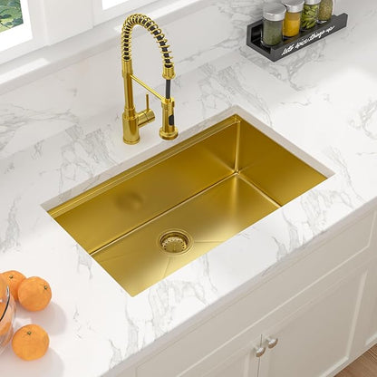 Sarlai 30 Inch Gold Undermount Kitchen Sink - 30" x18" Kitchen Sink Ledge Workstation 16 Gauge Gold Stainless Steel Deep Single Bowl Under Counter Rectangular Kitchen Sinks Basin