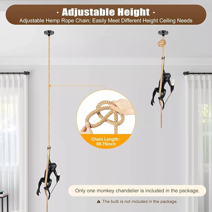 Vintage Monkey Pendant Light, Retro Resin Hemp Rope Monkey Lamp, Creative Monkey Chandelier E26 for Dining Living Room Bedroom Bar Cafe Decorative Hanging Lamp, Black (Black)