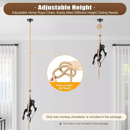 Vintage Monkey Pendant Light, Retro Resin Hemp Rope Monkey Lamp, Creative Monkey Chandelier E26 for Dining Living Room Bedroom Bar Cafe Decorative Hanging Lamp, Black (Black)