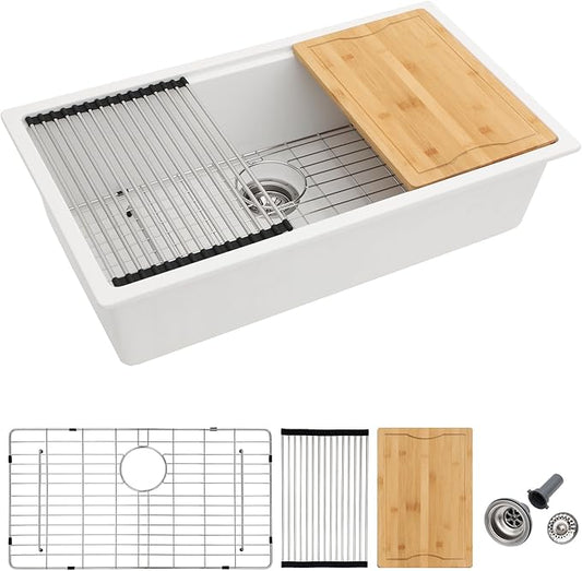 Dcolora 32-Inch Granite Composite White Kitchen Sink, Single Bowl Undermount Workstation Quartz Sink, 32"W x 19"D x 10"H #DC-GU7755