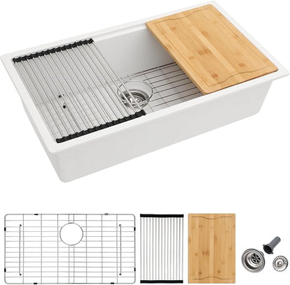 Dcolora 30 In. White Granite Composite Undermount Kitchen Sink Single Bowl Workstation, Quartz Kitchen Sink 30" x 19" x 9.65" #DC-GU5521