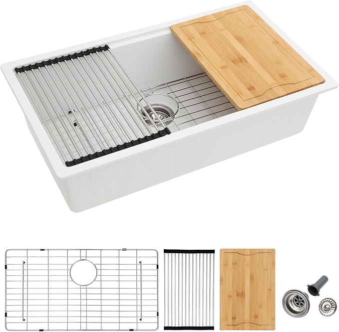 Dcolora 33 In. White Granite Composite Undermount Kitchen Sink Single Bowl Workstation, Quartz 33 Inch Kitchen Sink, 33" x 19" x 9.65" #DC-GU2514