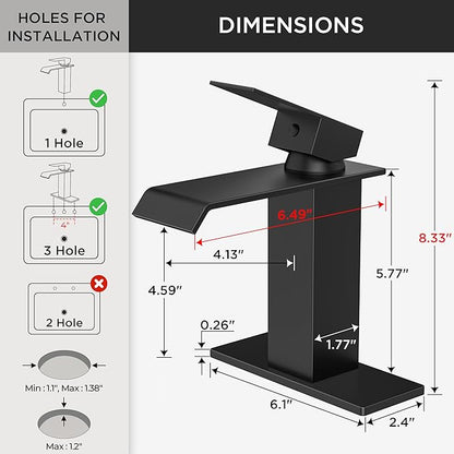 FORIOUS Bathroom Faucet Matte Black Modern Waterfall Bathroom Sink Faucet 1 or 3 Hole Single Handle with Deck Plate and Drain, Suitable for Vanity Rv Camper Commerical