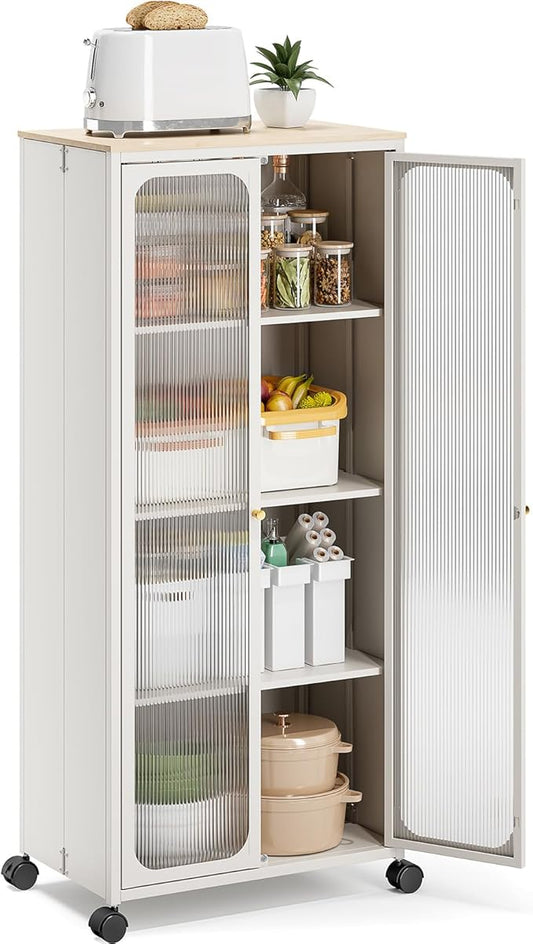 Metal Storage Cabinet Organizer,Kitchen Storage Cabinets With Doors and Shelves,Small Tall Narrow Cabinet with Acrylic Doors & Wheels, Slim Office Cabinets Shelf,NO SCREW NO TOOL ASSEMBLY,White