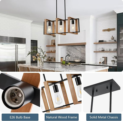 23.6" Kitchen Island Lighting,3 Lights Dining Table Chandelier, Rectangle Island Light for Dining&Living Room, Foyer Hallway,E26, Wood Frame.