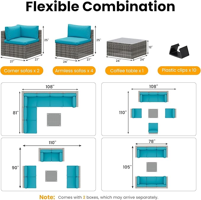 Wisteria Lane 7 Pieces Outdoor Patio Furniture Set, Wicker Outdoor Patio Sectional Sofas with Coffee Table, All-Weather Patio Conversation Set for Garden Backyard, Light Blue