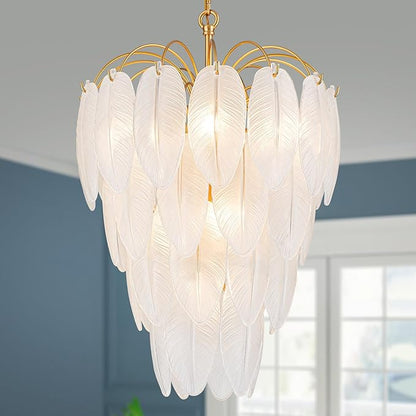 LumFurn 10-Light Gold Chandeliers, Modern Pendant Light Fixture for Dining Room, Staircase, D16 x H27~72" Adjustable Height, Frosted Feather Glass Shade & Gold Finish