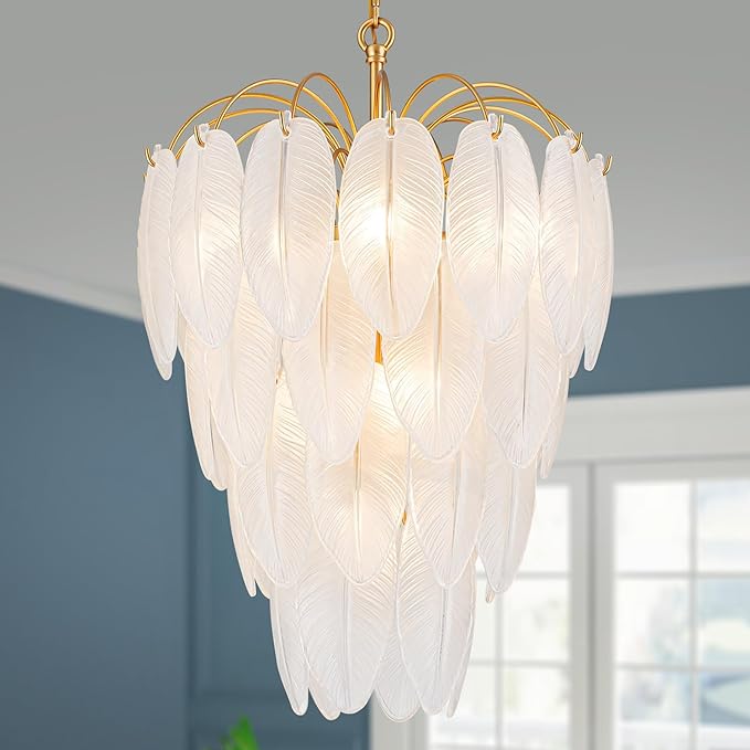 LumFurn 10-Light Gold Chandeliers, Modern Pendant Light Fixture for Dining Room, Staircase, D16 x H27~72" Adjustable Height, Frosted Feather Glass Shade & Gold Finish