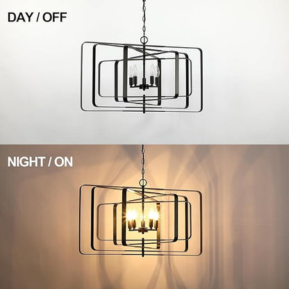 Untrammelife 32" Modern Black Chandelier - 5-Light Adjustable Height Geometric Rectangular Pendant Light Fixture for Dining Room, Living Room, Kitchen Island, Foyer