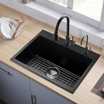 VEVOR 33 inch Kitchen Sink Workstation, Top Mount Granite Sinks, Drop-In Single Bowl Farmhouse Basin with Multiple Accessories, Household Dishwasher Sinks (22"D x 25"W x 10"H)
