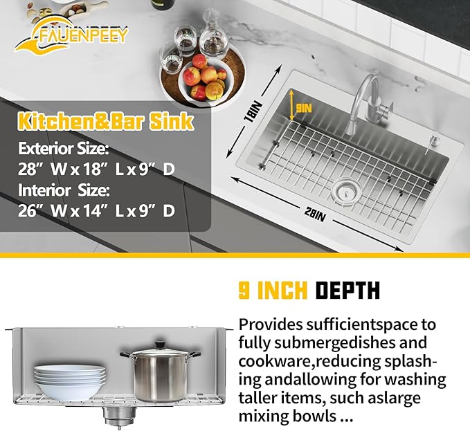28x18 Inch Stainless Steel Kitchen Sink-Drop In Single Bowl Topmount Kitchen Sink Stylish And Modern Look Come With Bottom Grid,Silicon Mat And Drain Assembly Add Elegance & Enhance Usability